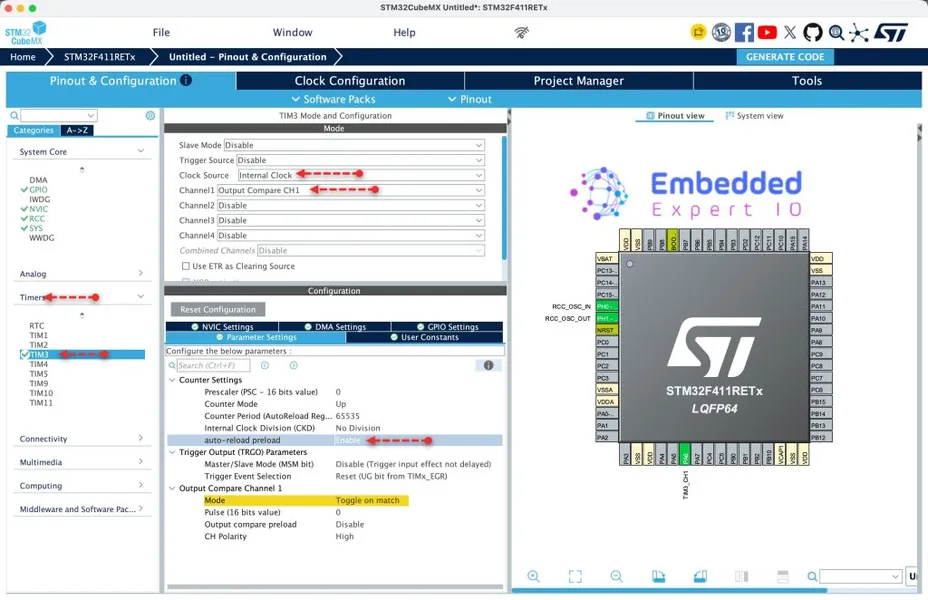 From Timers, select TIM3, set the clock source to internal and set CH1 as Output Compare and set it to toggle on match