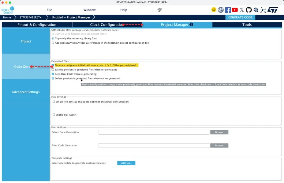Next, from Project Manager, Code Generation, enable generate peripherals initialization 