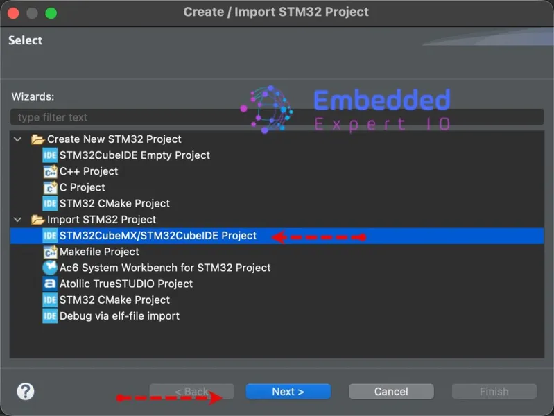 Import STM32 Project, select STM32CubeMX/STM32CubeIDE Project