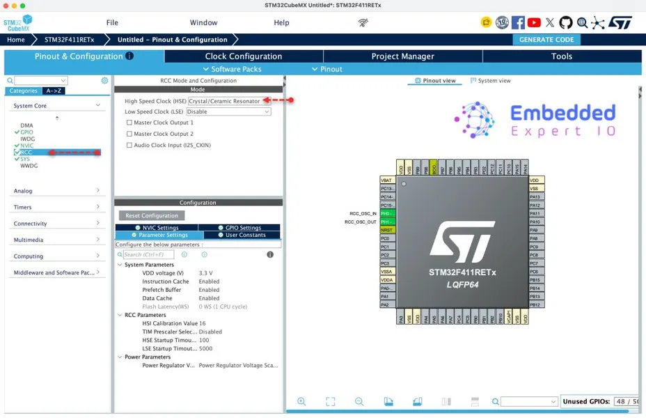 Next, from System Core RCC, enable the external oscillator