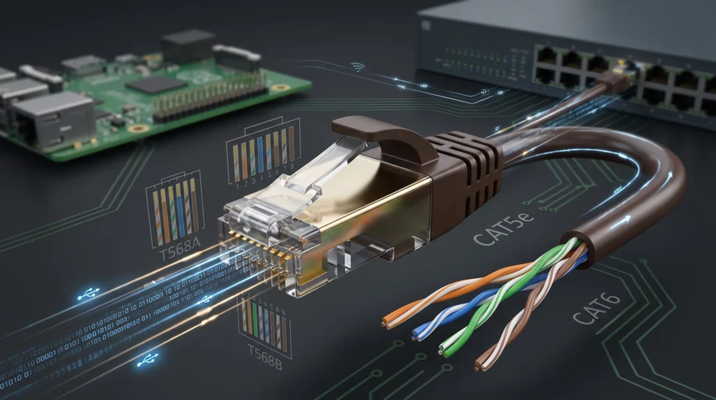 RJ45 connector พร้อมสาย Ethernet สำหรับการเชื่อมต่อเครือข่าย LAN
