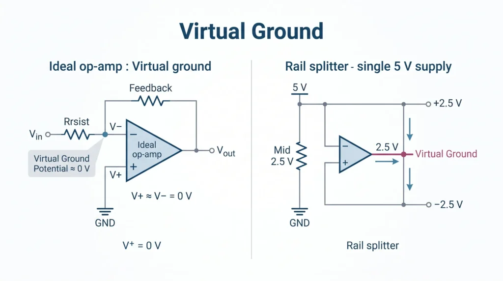 วงจร Op Amp และ Rail Splitter ที่สร้าง Virtual Ground จาก Single Supply