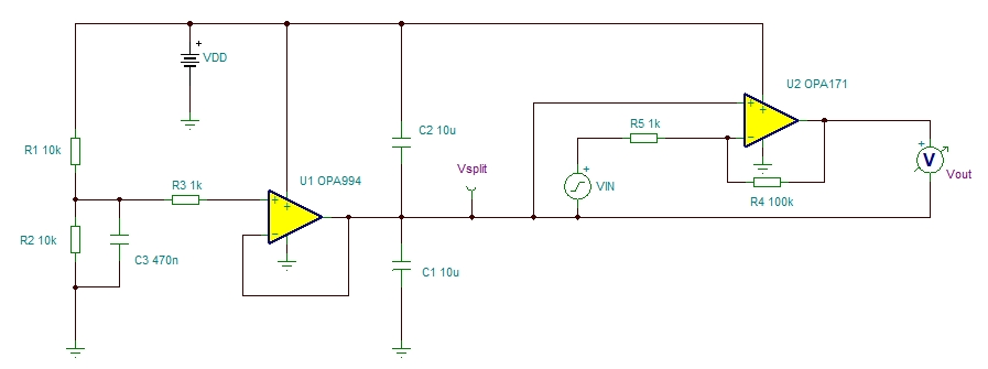 ใช้ Virtual Ground เป็นจุดอ้างอิงให้ Op Amp อีกตัว