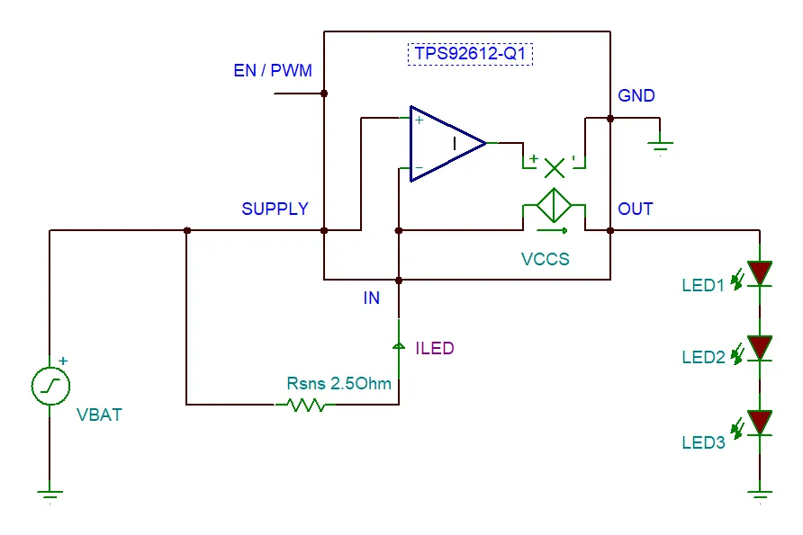 The TPS92612-Q1 constant-current LED driver