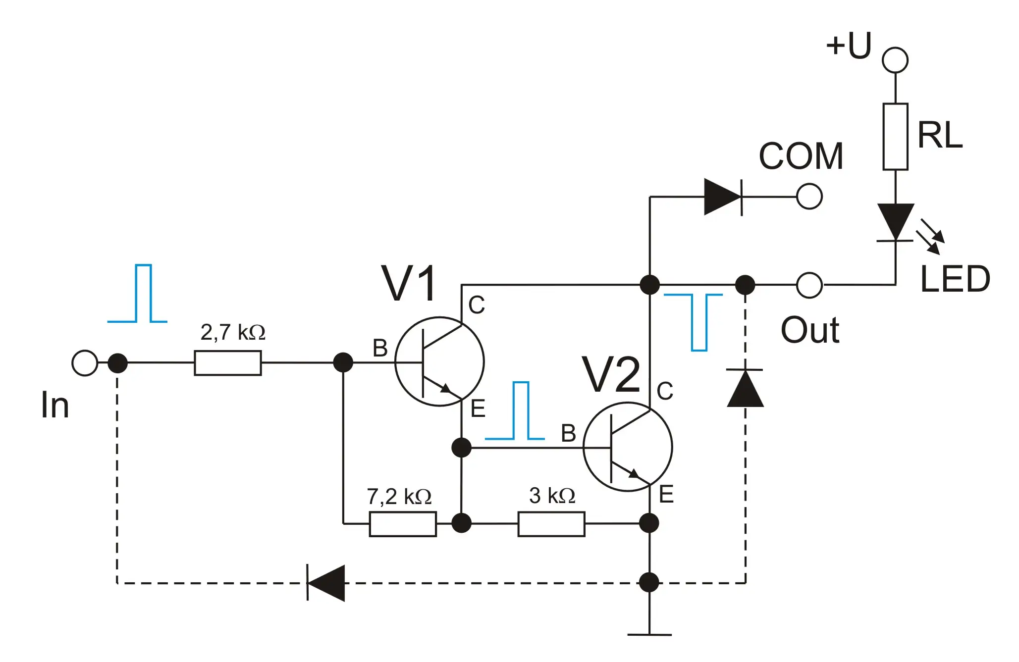 Principle circuit diagram of a Darlington switching stage with schematic representations of the voltage curves at the moment of switching
